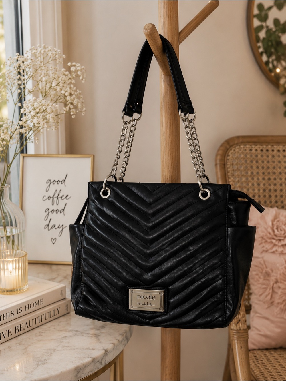 Nicole by Nicole Miller Black Quilted Faux Leather Chain Tote Shoulder Bag
